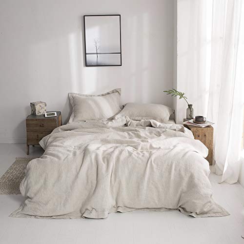 Simple & Opulence 100% Linen Stone Washed Solid Embroidered 3 Piece Duvet Cover Set Includes 1 Duvet Cover and 2 Pillowcases (King 230cm x 220cm, Natural Linen)