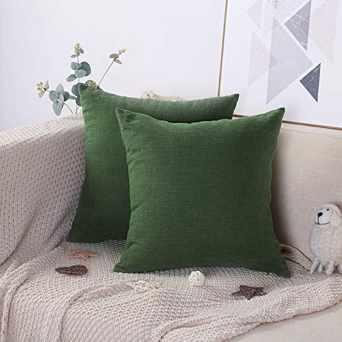 Artscope Set of 2, Solid Color Soft Linen Cotton Cushion Cover, Square Pillowcase for Sofa Bed Car Home Decor 45x45cm (Dark Green)