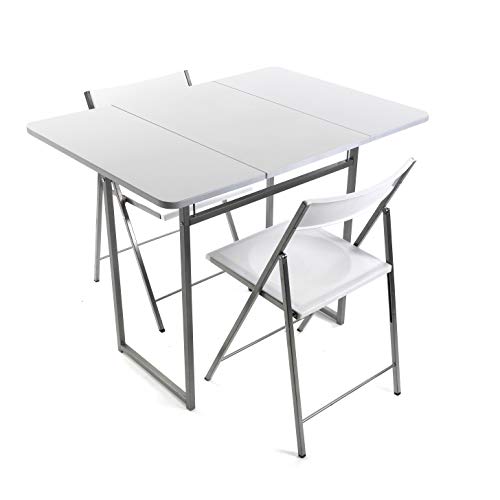 Versa 19840050 Folding Table with Two Brenna chairs with Backrest for Kitchen, Dining Room, balcony or terrace in White Metal, PVC and Wood, 100 x 70 x 80 cm