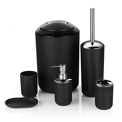 YYEWA 6 Pieces Bathroom Accessories Set, Trash Can, Soap Dish, Soap Dispenser, Cup, Toothbrush Cup and Brush, Black, setof6