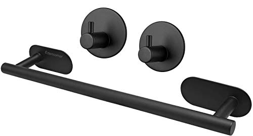 Non-Drill Adhesive Bath Towel Rack, Bathroom Towel Racks Stainless Steel Bath Towel Bar with 2 Self-adhesive Hooks (40 cm, Black)