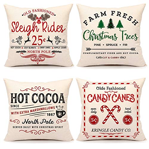 4TH Emotion Set of 4 18 x 18 Inch Sofa Cushion Covers, Rustic Christmas Design