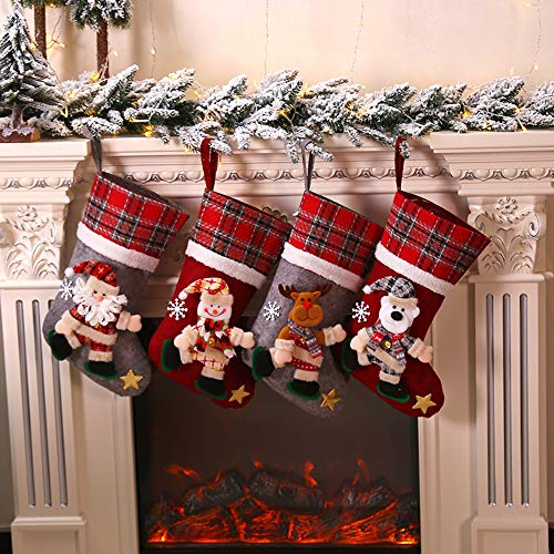 Galapara Christmas Stockings, Set of 4 Christmas Socks Decoration Gift Snowman Embroidery Mini Boots Pocket Red Plush Tartan Sock for Candy Year Presents