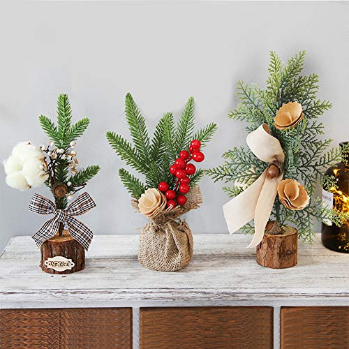 Mini Christmas Tree, 3 PCS Christmas Tabletop Tree Artificial Christmas Tree with Ornaments Pine Cone, Bowknot and Red Berries Christmas Decoration for Christmas Table and Desk Decorations