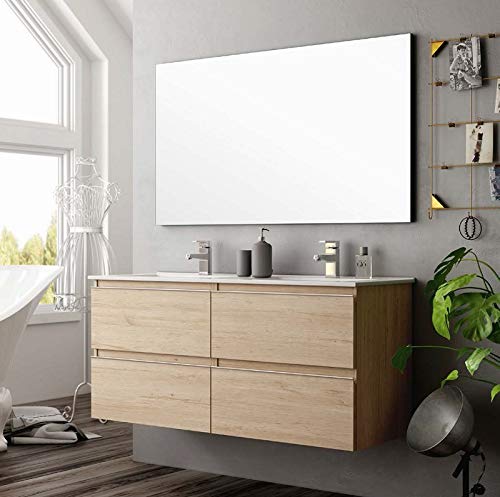 Aquore |  Bathroom Cabinet with Sink and Mirror |  Bathroom Cabinet Model Sundee 2 Drawers Suspended |  Bathroom Furniture |  Different Color Finishes |  Various Measurements (Bamboo, 80 cm)