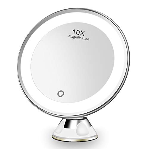 FASCINATE Makeup Mirror with LED Light 10X Magnification Shaving Magnification with Light, Cosmetic LED Magnifying Mirror with 10X Magnification and Powerful Suction Cup, 360 ° Rotation