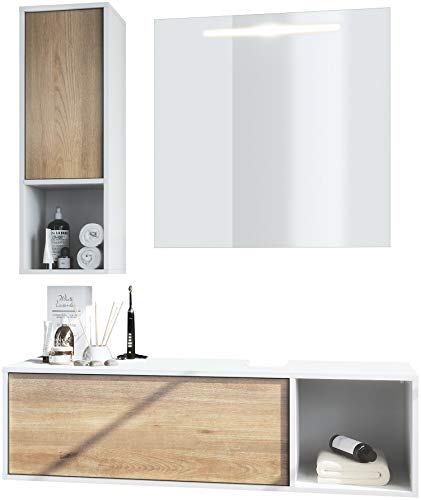 La Costa Bathroom Furniture Set, Matte White Body / Nordic Oak Fronts, with LED Mirror