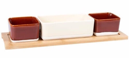 Bamboo Snack Tray With 3 Brick Beige And White Earthenware Bowls 1000 5 17 208 051 1