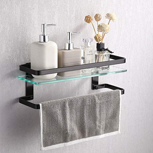 Umi.  by Amazon Rectangular Bathroom Shelf Shower Shelf Extra Thick Tempered Glass 8mm with Towel Bar Organizer Wall Mount Matte Black Aluminum, A4127A-BK