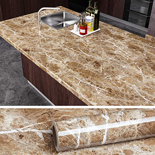 VEELIKE Washable Self-adhesive Wallpaper Kitchen Countertop Adhesive Vinyl Furniture Decorative Adhesive Paper Brown Marble for Cabinet Doors 40cm x 300cm