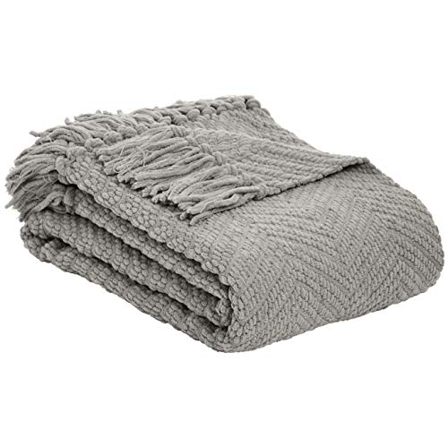 AmazonBasics Fringed Knit Blanket - Light Gray, 130 x 150 cm