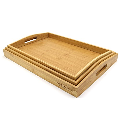 Set of 3 Bamboo Trays |  Wooden Serving Tea & Breakfast Platter With Handles M&W