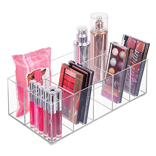 mDesign Makeup Organizer - Transparent box with 6 compartments - Ideal for storing makeup, cosmetics and beauty products - Transparent plastic