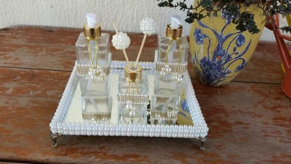 mirrored tray with pearl details around