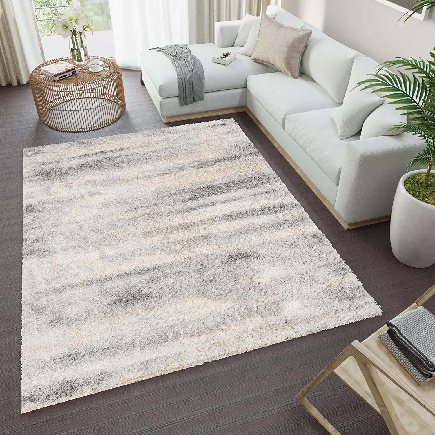 Tapiso Versay Carpet Living Room Dining Room Bedroom Modern Design Light Gray Light Beige Shaggy Stripes 80 x 150 cm