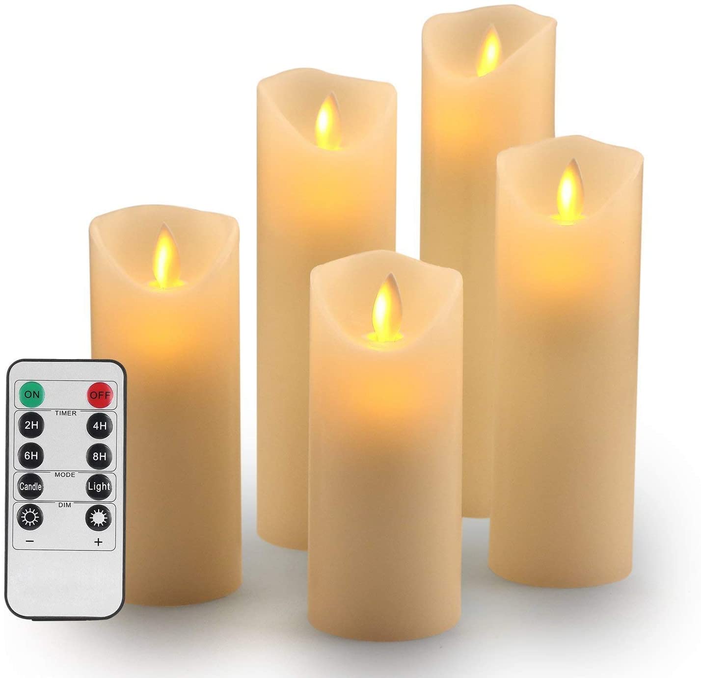 Flameless Candles - Flameless Flickering Decorative Candles-Flameless Candles set: 5.5", 6", 6.5", 7"and 8" Classic Real Wax Pillar with Flame & LED Movement 10 Remote Control Keys - 2/4/6/8 Hour Timer