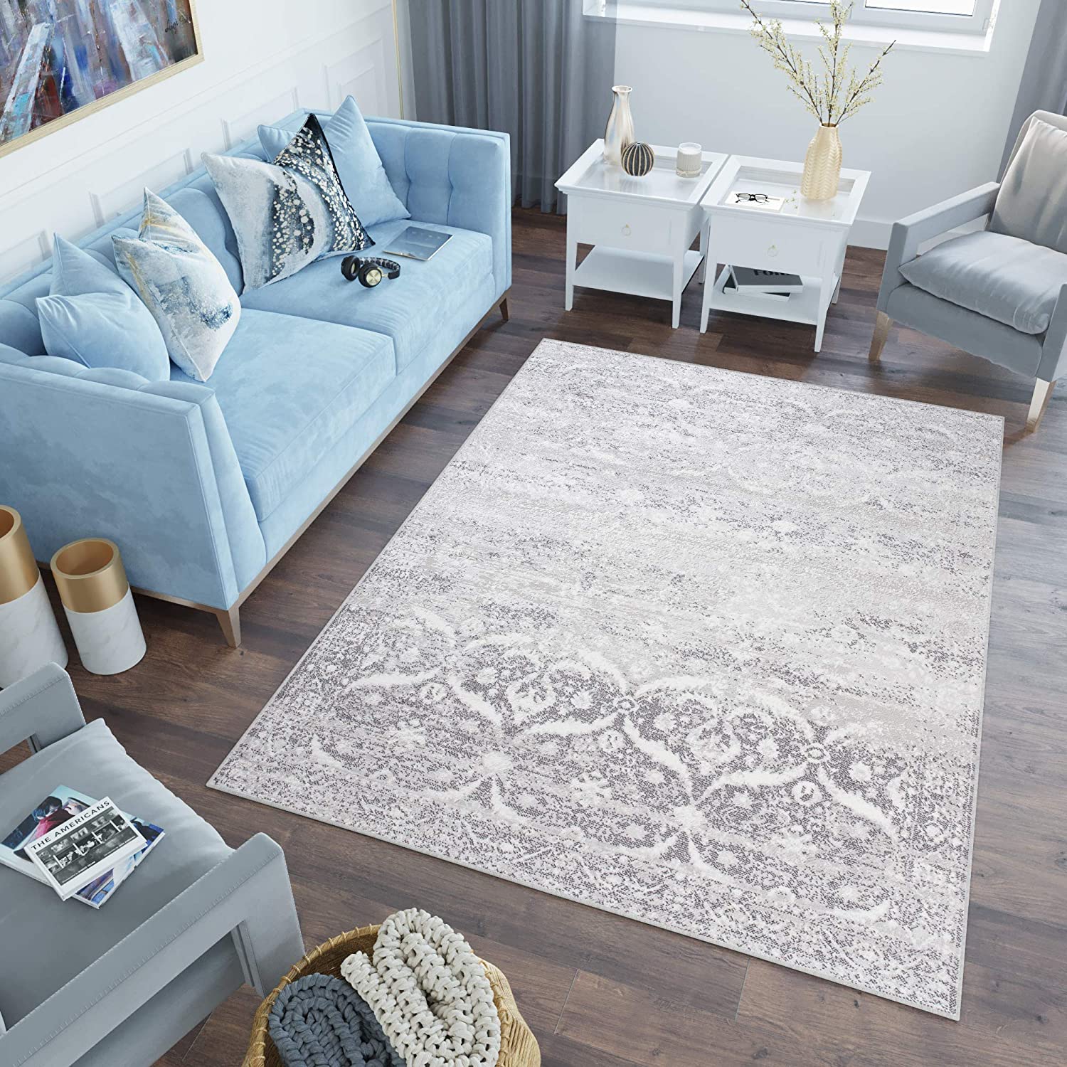 Tapiso Sky Carpet Living Room Dining Room Youth Bedroom Traditional Design Gray White Vintage Soft Fine 180 x 250 cm