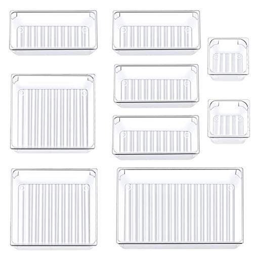 Siundam Set of 9 Drawer Organizers, Stackable Clear Plastic Trays Storage for Drawers, Desk, Kitchen, Bathroom, Makeup, Closet - 4 Narrow Measures