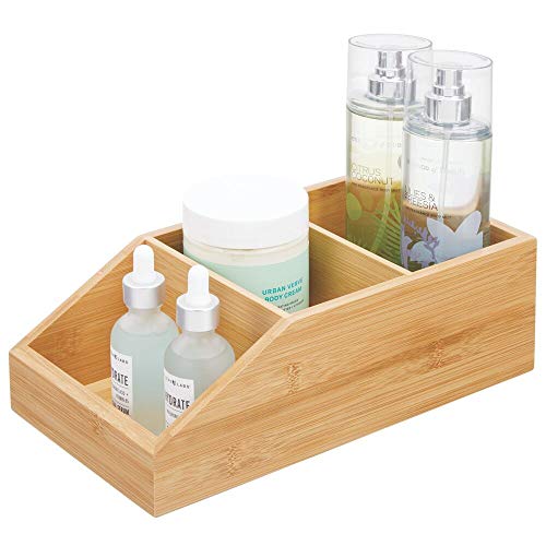 mDesign Organizer Box with 3 Compartments - Large Bamboo Wood Drawer for Cosmetics, Makeup and Other Bathroom Accessories - Eco-friendly Sorter for Bathroom, Kitchen, etc.  - natural color