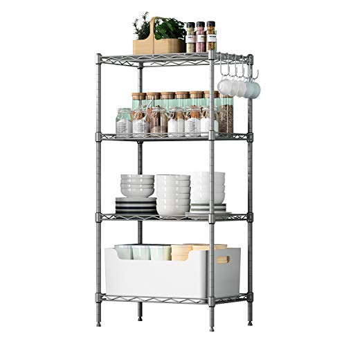 Metal Storage and Organization Shelf, Chrome 4 Adjustable Shelves with Adjustable Heights and 4 Side Hooks 45 x 30 x 90 cm