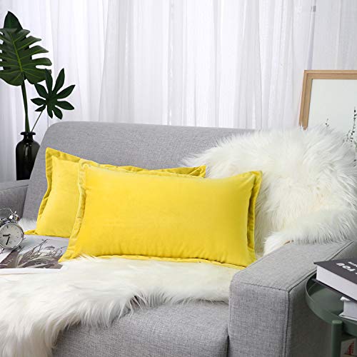 Lewondr Velvet Pillowcase, [2 PZS] 12" x 20" (30 x 50 cm) Modern Solid Color Soft Protective Pillow Cushion Cover for Sofa Bed Home Decor, Car - Lemon Yellow