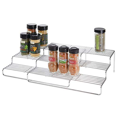 mDesign Spice rack for kitchen cabinets - Extendable spice rack to keep order in the kitchen - Stainless metal 3-tier spice cabinet - silver