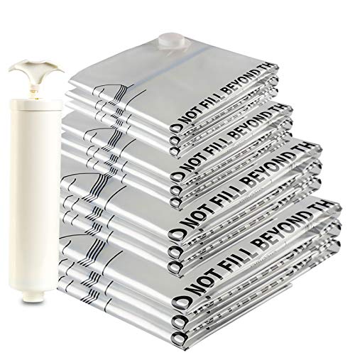 Eono by Amazon - 12 Pack Premium Vacuum Compression Bags with Hand Pump (3 Small, 3 Medium, 3 Large, 3 Jumbo)