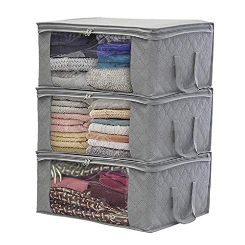 JSENGE Foldable Clothes Storage Bag, Under Bed Storage, Cloth Clothes Container, for Duvets Covers Pillows Toys Jackets Clothes, 48 ​​x 20 x 35cm, 3 Pieces (Gray)