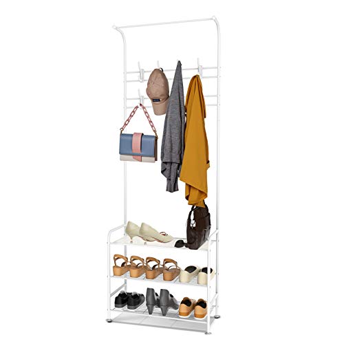 alvorog Coat Rack with Shoe Rack, Standing Metal Coat Rack, Entrance Rack with 3 Layers and 16 Hooks for Shoes and Clothes 63.5 x 29 x 180 cm, White