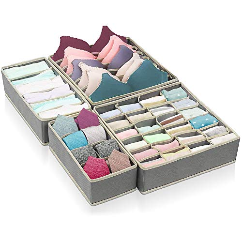 KIPIDA Underwear Organizer, Sturdy Drawer Organizers, 4 Foldable Storage Organizer Boxes for Bras, Underwear, Socks, Ties, Scarves and Handkerchiefs-Gray