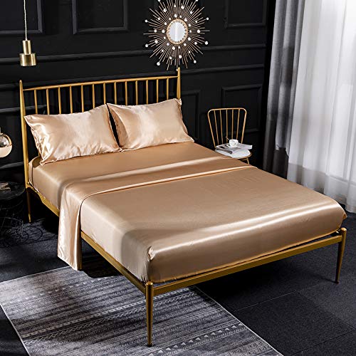 Cream satin 4-piece silk sheet set with satin fitted sheet, countertop sheet, breathable pillowcase, soft and comfortable, superking size bedding set