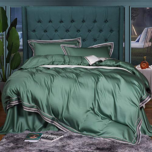 Duvet Cover, Simple Solid Color Silk Bedding Set Four-Piece Tencel Emerald Green Home Textile Comfortable Bedspread Duvet Cover And Pillowcase, 2.0M