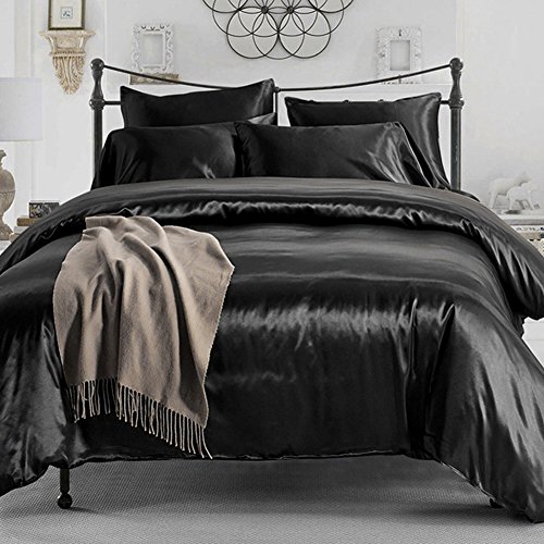 Dightyoho Nordic Silk Satin Duvet Cover Set for Bed 180/150 / 120cm, Double Sheet Set for Winter Single Bed (150 cm, Black)