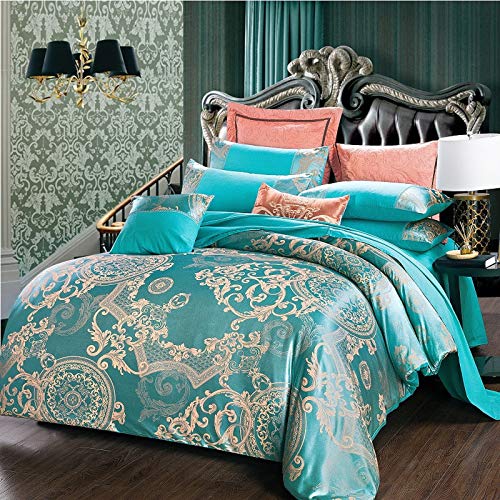 WAZA Floral 4 Piece Luxury Bedding Set, European Neoclassical Satin Embroidered Duvet Cover Set (1 Duvet Cover, 1 Top Sheet, 2 Shams)