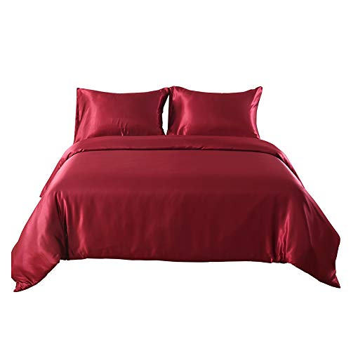 HOTNIU Satin Bedding Set, Satin Duvet Cover Set, Sheet Set Set, Satin Duvet Bed Kit (Double, Red)