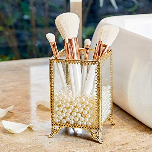 WolinTek Vase Organizer for Makeup Brushes, Cosmetic Makeup Organizer Storage Crystal Organizer (Gold)