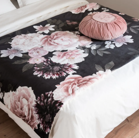 Pink And Black Cotton Bedspread With Floral Print