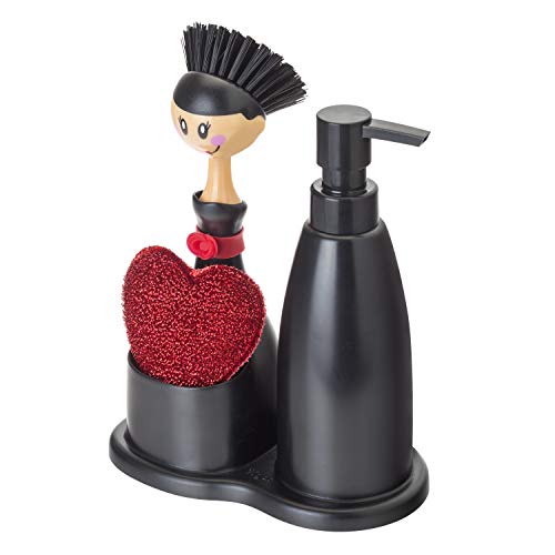 Vigar Dolls - Sink Set with Soap Dispenser, Heart Shaped Scrubber and Dish Brush, Plastic, Black and Red