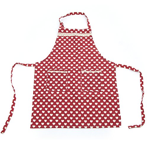 Pink Papaya Apron, 100% Cotton Linen Chef Apron, Ellen Kitchen Apron, Color: Red with Hearts and Applications ...