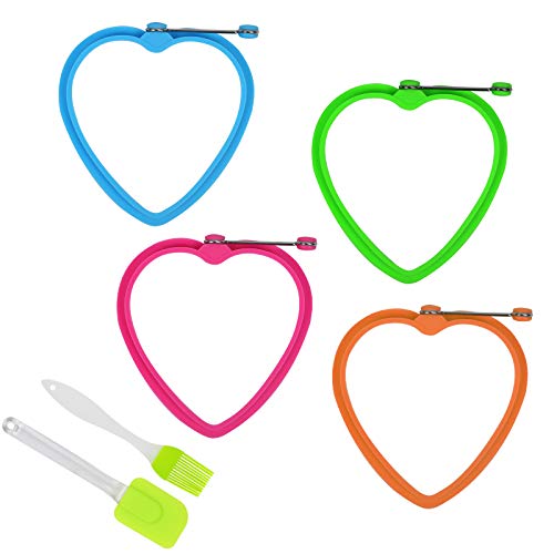 Matogle Fried Egg Molds 4 pcs Silicone Pancake Ring Non-Stick Heart Shaped Pancake Mold with Brush and Silicone Spatula Kitchen Utensils 4 Colors