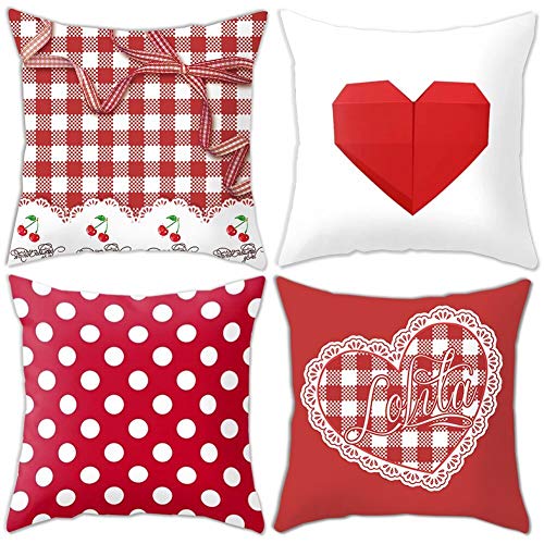 JPYZ 4 Pack Cushion Covers, 45x45cm Square Cushion Cover Cotton Linen, Red Heart Pattern, Decorative Cushions for Sofa Bed Car Home