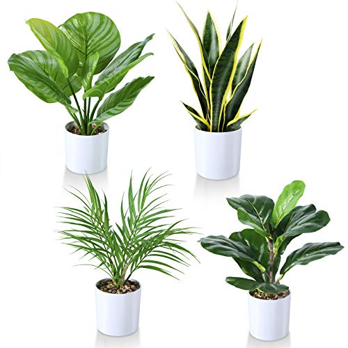 Kazeila Artificial Plants, 40 cm Monstera / Snake Plant / Areca Palm / Green Striped Plant in Pot for Indoor Outdoor Home Office Modern decor (Set of 4)