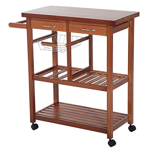 HOMCOM Kitchen Cart Auxiliary Service Table Wood and Chrome Metal with 4 Wheels 2 Drawers and Wine Rack 81 x 38 x 85 cm