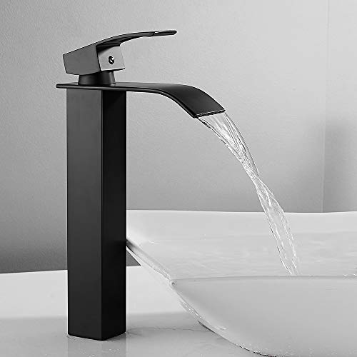 Iraza High Waterfall Basin Faucet Single Lever Bathroom Faucet Basin Faucet Chrome Bathroom Modern Style (Black-B)