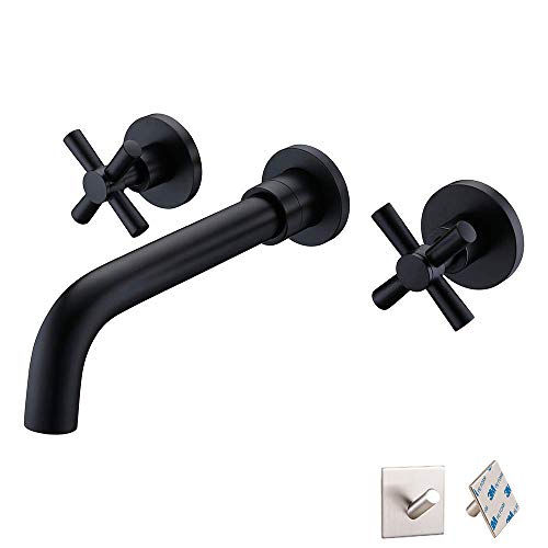 Jruia 3 Holes Wall Mount Black Basin Faucet Recessed Bathroom Faucet 2 Lever Basin Mixer Wall Faucet for Basin Brass Ausladung 19.3cm