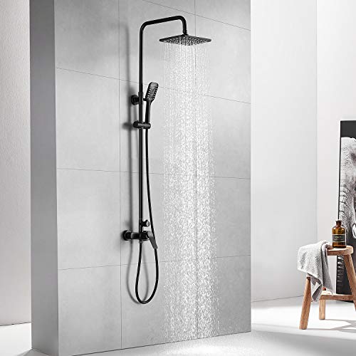 Auralum Black single-lever shower column, Shower set with tap, Wall shower set 25 X 20 CM Rain Shower Head and Hand Shower.  Adjustable height