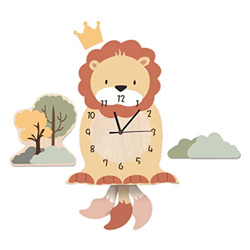 Garneck Wooden Lion Wall Clock Decorative Cartoon Animal Wall Hanging Watch Child Kids Room Wall Decor