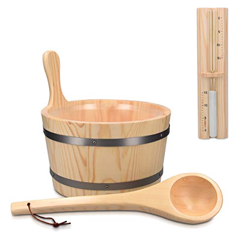 Navaris Wooden Sauna Accessories Set - 5L Wooden Bucket Spoon Plastic Container and Hourglass - Steam Bath Set