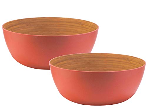 AMTNATURE Set of 2 Salad Bowls Bamboo Bowls with 1200 ml Capacity |  Dishwasher Safe |  Bamboo tableware |  Salad  Fruit |  Picnic |  Camping | Orange Bamboo