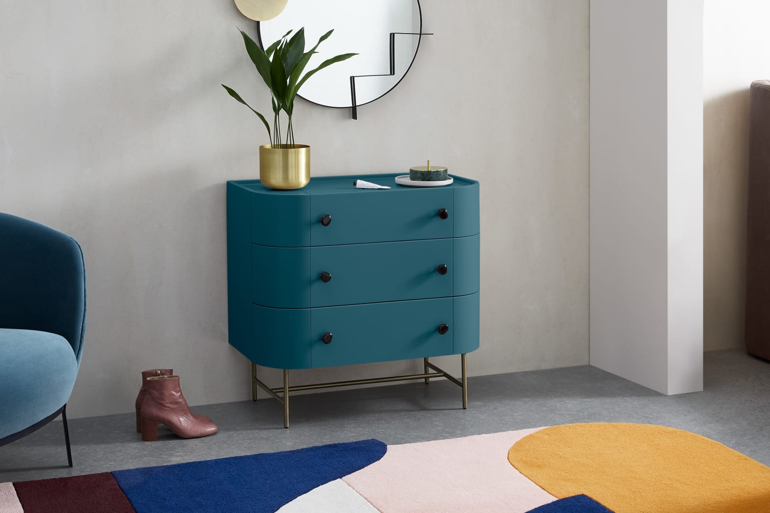 Tandy Chest, Teal Blue with Shiny Black Pulls and Brass Legs